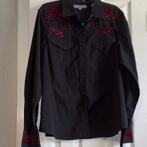LAMASINI Black Western Button-Up Shirt with Red Embroidery